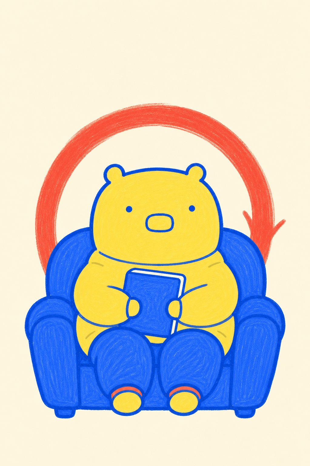 A marker-drawn Runda capybara holding a notebook in a blue armchair