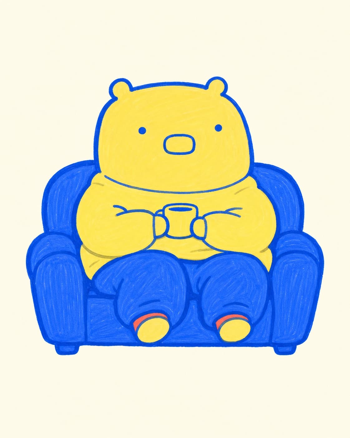 A relaxed marker-drawn capybara holding a mug on a sofa