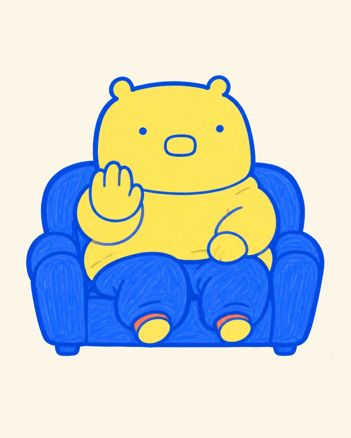 A marker-drawn capybara raising a gentle stop paw on a sofa