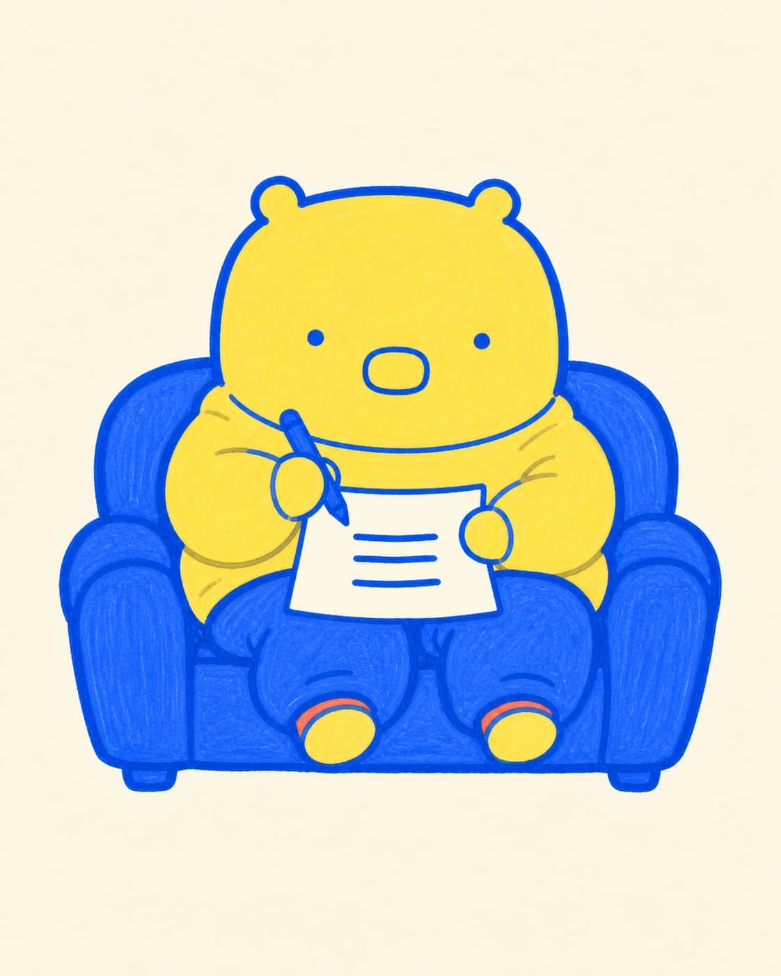 A marker-drawn capybara mapping an options wheel routine on a sofa